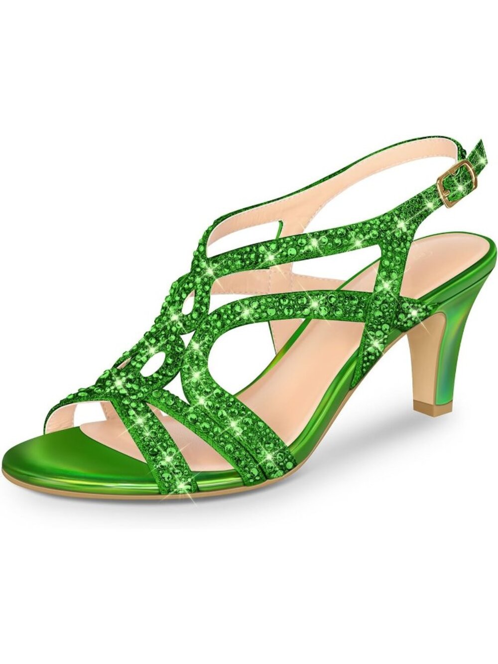 Women's Green Rhinestone Slingback Heels Open Toe Sparkle Wedding Sandals